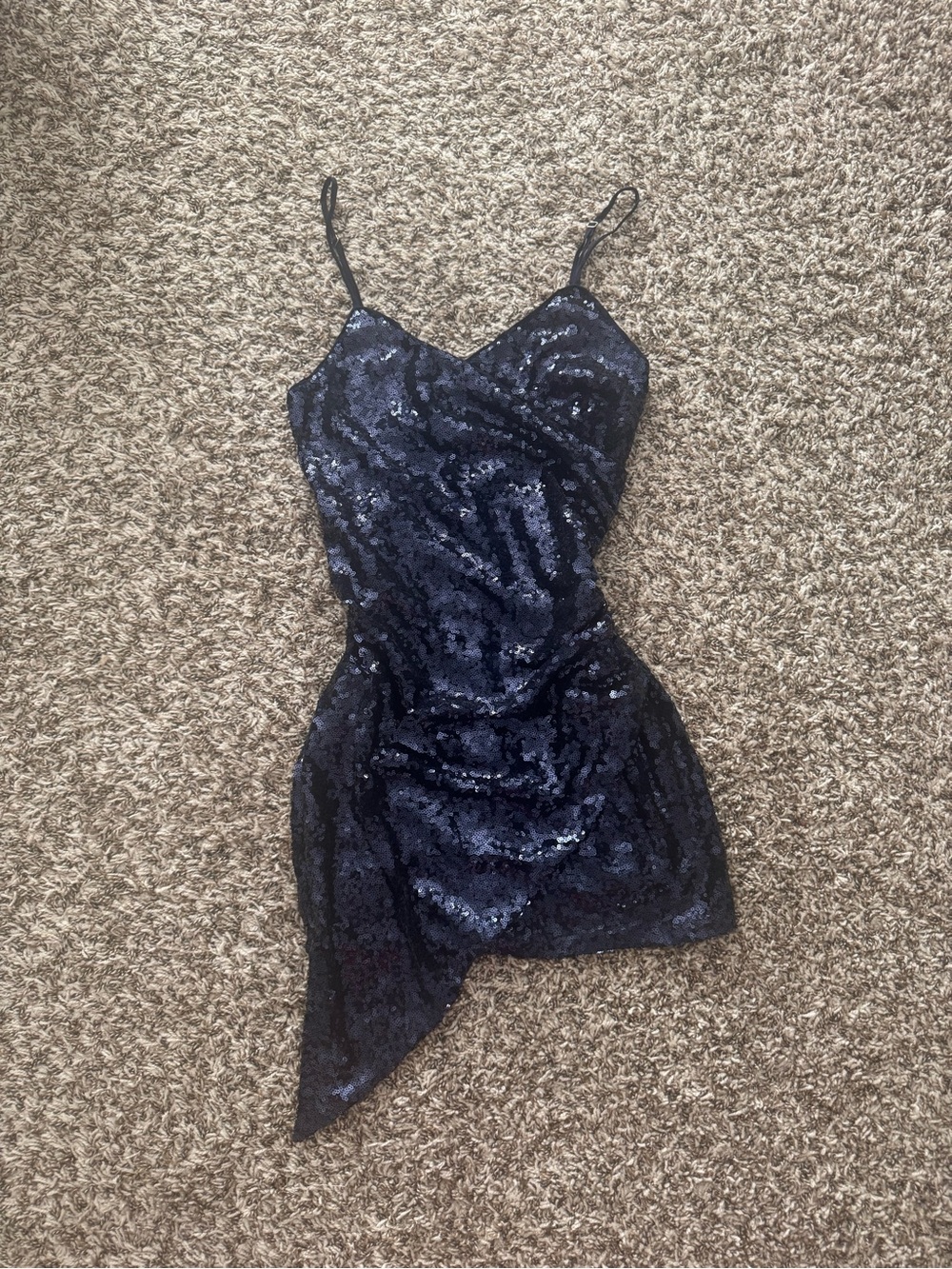 Dark Blue Sequin Slip Dress with Asymmetric Hem